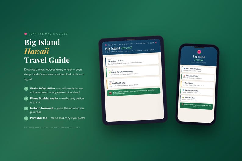 May include: A digital Big Island Hawaii Travel Guide displayed on a tablet and a smartphone. The text includes Plan The Magic Guides, Big Island Hawaii Travel Guide, and details about offline access, instant download, and printable features.