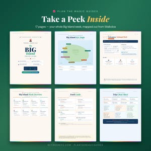 May include: A 17-page digital travel guide titled Plan the Magic Guides Take a Peek Inside, featuring a Big Island travel guide, key stops map, Volcanoes National Park details, a week overview, a food guide, and a trip cheat sheet.