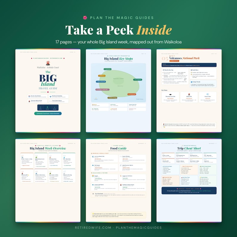 May include: A 17-page digital travel guide titled Plan the Magic Guides Take a Peek Inside, featuring a Big Island travel guide, key stops map, Volcanoes National Park details, a week overview, a food guide, and a trip cheat sheet.