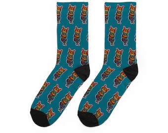 Calcetines Trippy Kitty Psicodélicos / Calcetines con Estampado Artístico de Gato Turquesa