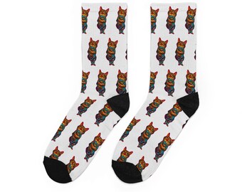 Trippy Kitty Psychedelic Crew Socks | Colorful Cat Art, Comfortable Fit