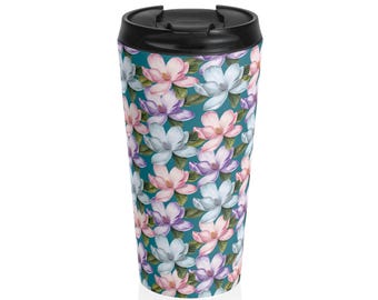 Magnolia Pattern Stainless Steel Travel Mug | Floral Thermal Tumbler