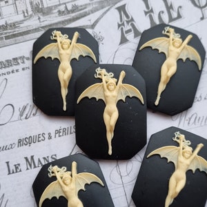 Vampire Cameo - 5 unset Cameos - Vampire Bat Girl Lady Ivory on black 40x30mm - Dark Gothic Goth - Vampire Bat Wings Demon Devil