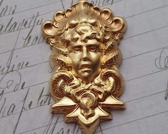 Nouveau Lady Goddess Medusa Ornament - Raw Brass - MEDUSA ORNAMENT STAMPING pendant