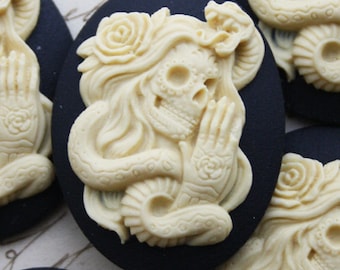 DAY of the DEAD Sugar Skull Skeleton Lady Cameo Cabs Cabochon Day of the Dead Dia de los Muertos Skull Black Ivory 40x30mm 5 PIECES