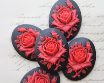 5 Unset Rose Cameos - Red on Black - 40x30mm - Cab Cabochon Resin Gothic Victorian