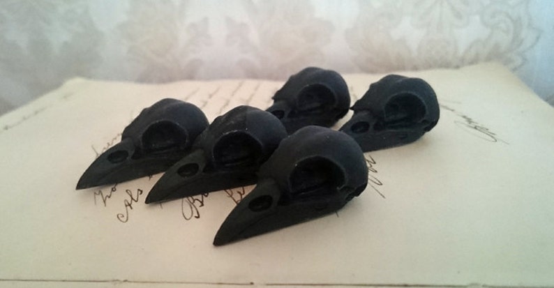 May include: Five black crow skull figurines. The skulls are detailed and realistic, with a glossy finish.