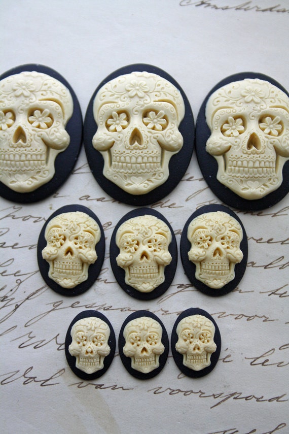 DAY of the DEAD Sugar Skull Skeleton Lady Cameo Cabs Cabochon Day of the Dead Dia de los Muertos Skull Black Ivory 40x30mm 5 PIECES