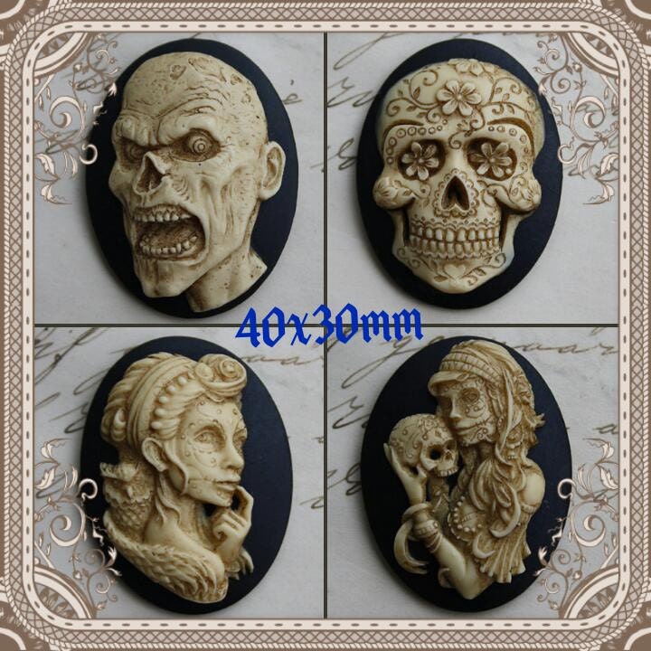 Antiqued Zombie Skull DAY of the DEAD Sugar Skull Skeleton Cameo Cab …