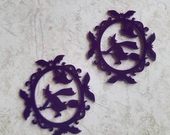 Halloween Pendant charms Ornament Lasercut Acrylic gothic goth Halloween Spooky 2 Pieces Witch Bat Broomstick Purple