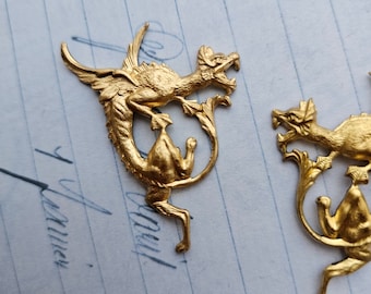 Dragon pair left and right - Brass Winged Dragon Gothic Goth Fantasy Griffin sea dragon