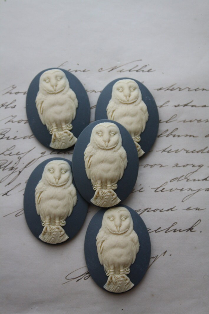 Owl Cameo Cabs - 5 pieces  -  Ivory on grey -  Unset CAMEO - 40x30mm