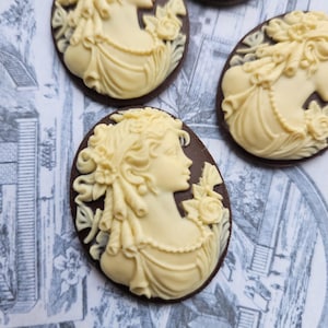 Unset Victorian Lady cameo cabs 40x30mm - Ivory on Brown - Goddess Woman Lady Girl