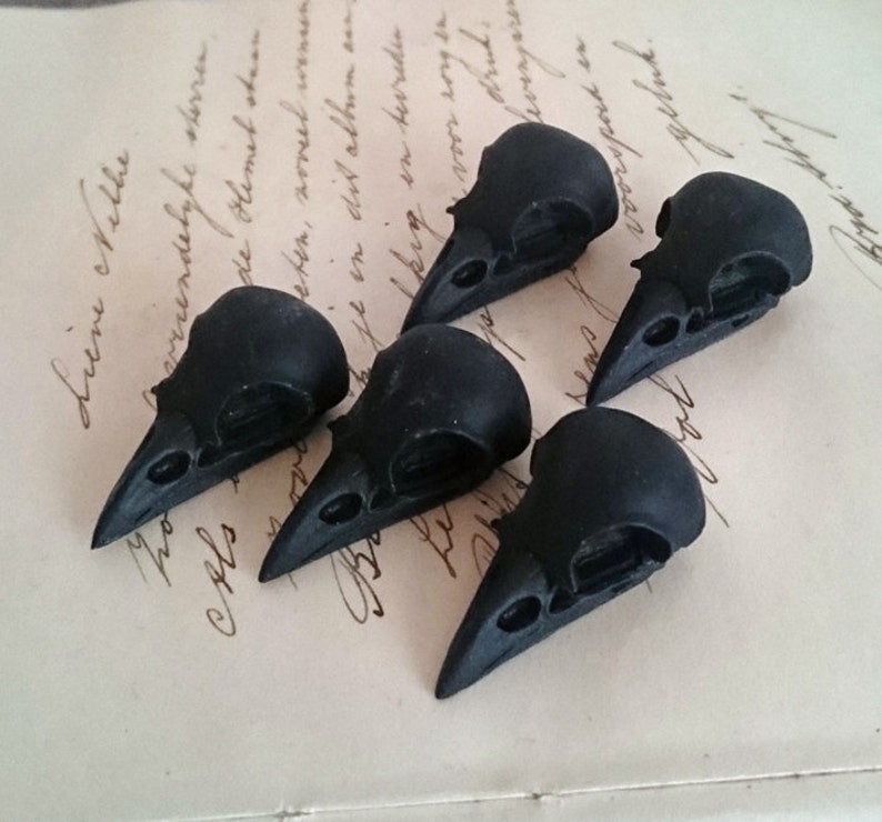 May include: Five black crow skull replicas, each with a detailed beak and skull structure. The skulls are arranged in a scattered pattern on a white surface with handwritten text.