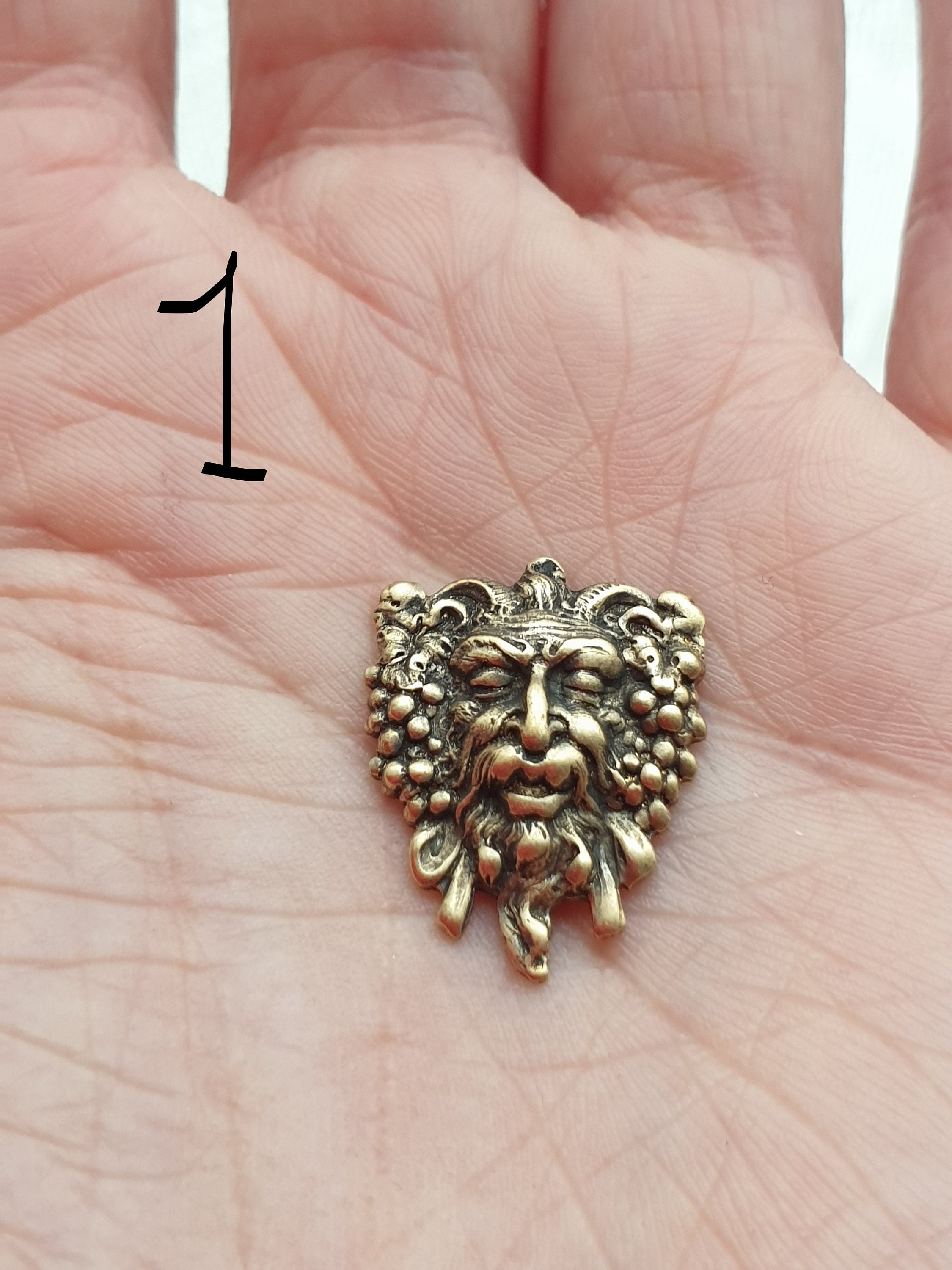 Small Metal Stamping Man Head Wizard Fantasy Ornament - Brass or Silv…