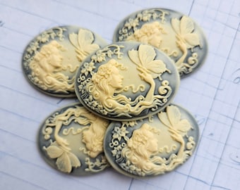 5 Nouveau Lady Cameo Cabochons: Ivory Nymph on Greyish Blue (40x30mm)
