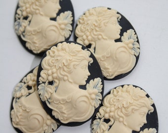 Gothic victorian cameo cabs 40x30mm - ivory on black - 5 pieces