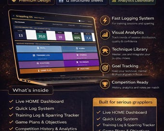 Grappling OS Excel Vorlage | BJJ Training Log, Sparring Tracker, Datenanalytik