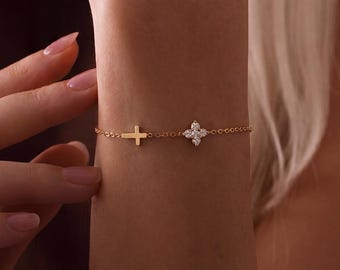 Gold Cross Bracelet with Opal Flower, Dainty Christian Jewelry