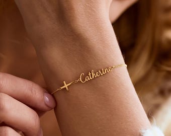 Pulsera con cruz personalizada con nombre y piedra de nacimiento, delicada pulsera con cruz dorada, regalo de confirmación, regalo de bautismo, regalo del Día de la Madre
