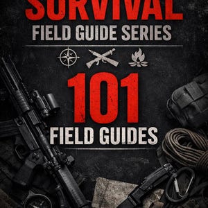 Puede incluir: La portada de "The Complete Survival Field Guide Series" presenta el título en texto rojo y blanco. La imagen incluye un rifle, una brújula, un cuchillo y otro equipo de supervivencia. El libro es de J.D. Thompson.