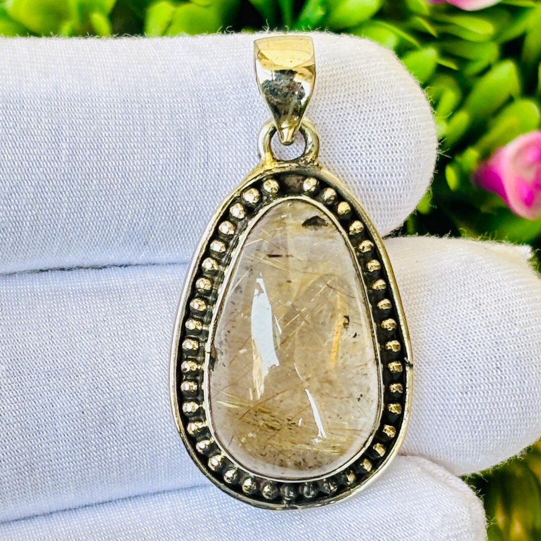 Natural Golden Rutile Quartz Pendant, Natural Needle Stone Statement ...
