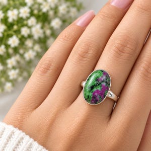 Ruby Zoisite Ring, Natural Ruby Zoisite Gemstone Ring, Green Pink Oval Stone Ring, Ruby Zoisite Jewelry, Boho Statement Ring, Gift for Her