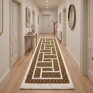 Alfombra de lana geométrica hecha a mano, alfombra de pasillo color crema mostaza, acento moderno para la entrada.