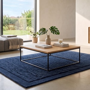 Modern navy blue rectangular solid rug with soft plush texture minimalist elegant home carpet
