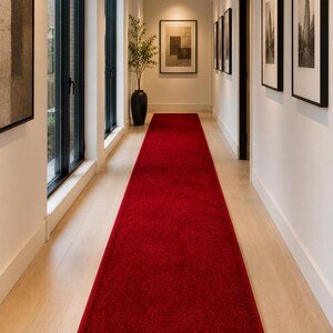 Può includere: Un lungo e vibrante tappeto rosso per corridoio. Il tappeto è centrato in un corridoio con pavimenti in legno chiaro, pareti bianche e finestre e opere d'arte con cornici nere. È visibile un vaso nero con una pianta.