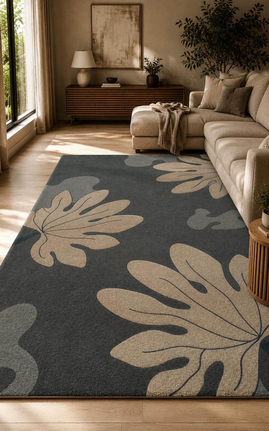 Handmade Botanical Tufted Rug, Neutral Leaf Wool Area Rug, Modern ...