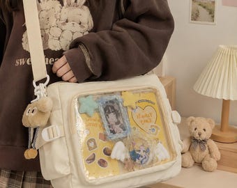 Ita Bag Crossbody Bag – Kawaii Messenger Bag with Clear Display Window, Anime Pin Display Bag, Cute Shoulder Bag for Collectors