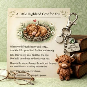 May include: A Highland cow keychain with a brown, fluffy figurine, a silver clasp, and a tag that reads "STILL STANDING TALL." The card behind it says "A Little Highland Cow for You."