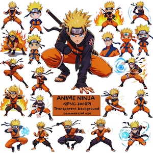 May include: A collection of anime ninja character illustrations in various action poses. The characters have spiky yellow hair, orange and black outfits, and blue eyes. Some illustrations include fire and energy effects. Text on a brown rectangle reads "ANIME NINJA".