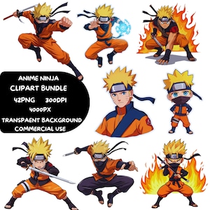 May include: A digital clipart bundle featuring anime ninja characters in various action poses. The ninjas are depicted in orange and black outfits with spiky yellow hair and blue headbands. The image includes text: ANIME NINJA CLIPART BUNDLE, 42PNG, 300DPI, 4000PX, TRANSPARENT BACKGROUND, COMMERCIAL USE.