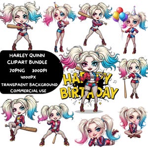 Chibi Harley Style Clipart Bundle PNG, Kawaii Comic Jester Girl Graphics, Villain Character for Stickers, Cricut, Sublimation, Digital art