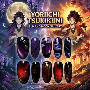 May include: Sun and Moon nail art design featuring illustrations of Yoriichi Tsugikuni. The nail art includes designs with moons, suns, and abstract patterns in shades of purple, black, and red. The text "Yoriichi Tsugikuni Sun and Moon Nail Art" is displayed.
