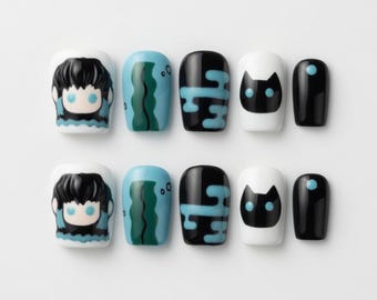 Custom Muichiro Tokito Demon Slayer Anime Press on Nails hand-painted Kawaii Chibi Kawaii Fake  Luxury Art Gifts