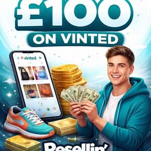 May include: An advertisement promoting Vinted, featuring a smartphone displaying handbags, a stack of gold coins, cash, and a teal and orange sneaker. The text reads "MAKE YOUR FIRST £100 ON VINTED" and "Resellin' PLAYBOOK". A smiling person holds cash.