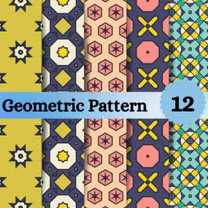 Può includere: Una collezione di 12 motivi geometrici visualizzati in cinque colonne verticali con varie forme tra cui stelle, esagoni e ottagoni in tonalità giallo, blu scuro, pesca e verde acqua con il testo Geometric Pattern 12.