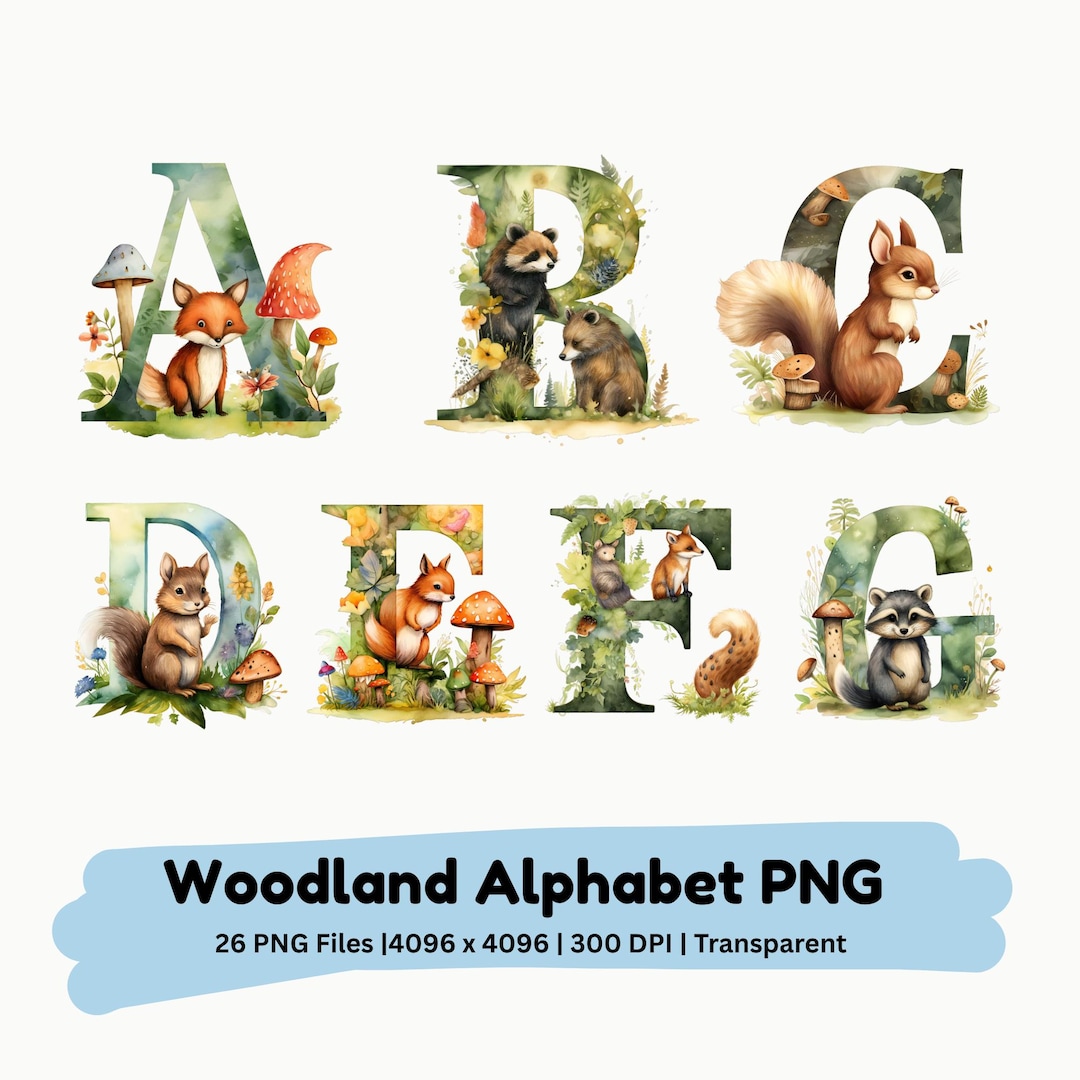 Woodland Animal Alphabet PNG | Forest Letters A-Z Nursery Clipart ...