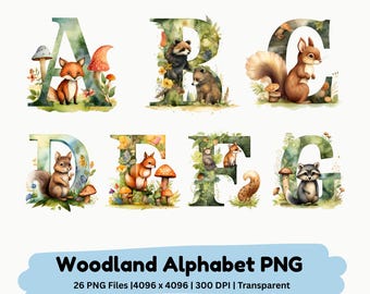 Alfabeto de animales del bosque PNG / Letras del bosque A-Z Clipart para guardería (Descarga digital)