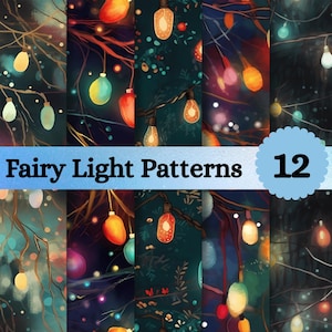 Puede incluir: Una colección digital de 12 Fairy Light Patterns que presenta varias ilustraciones de bombillas brillantes en tonos rojos, amarillos, azules y naranjas que cuelgan de ramas oscuras y delgadas sobre fondos profundos con efectos de luz bokeh.