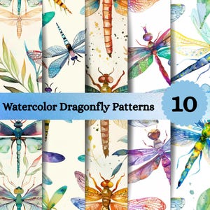 May include: A digital collection of 10 watercolor dragonfly patterns featuring various insects in shades of blue, orange, purple, and green. The designs include detailed wings and bodies set against light backgrounds with the text Watercolor Dragonfly Patterns.
