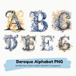 May include: A set of baroque-style alphabet letters in blue and gold, featuring elaborate floral and scrollwork designs. The letters A, B, C, D, E, F, and G are displayed. The image includes the text "Baroque Alphabet PNG" at the bottom, indicating the availability of 26 PNG files.