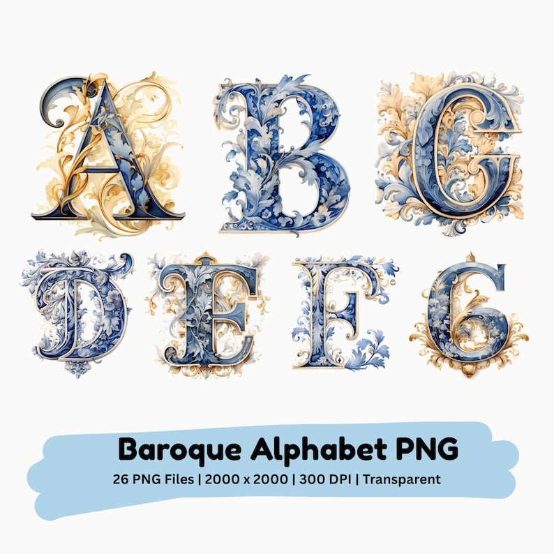 Puede incluir: Un conjunto de letras del alfabeto de estilo barroco en tonos azules y dorados. Cada letra presenta intrincados dise&ntilde;os florales y de volutas. Se muestran las letras A, B, C, D, E, F y G. El texto "Baroque Alphabet PNG" aparece en la parte inferior.