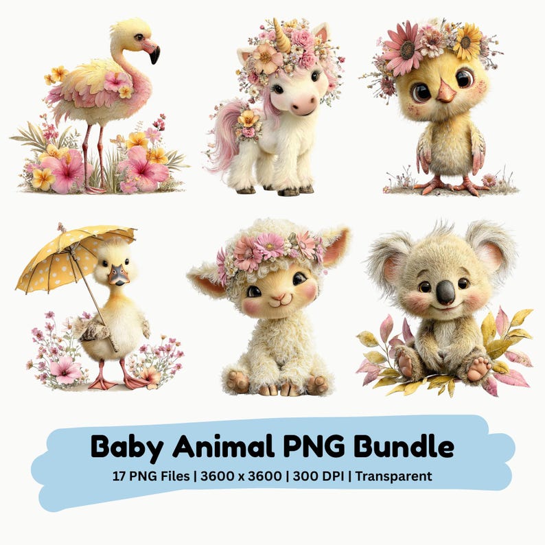 Baby Animal PNG Bundle | Floral Woodland Animals Clipart Nursery Decor ...