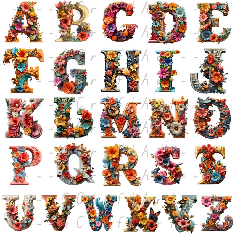 Colorful Floral Alphabet PNG Bundle | Decorative Letters Clipart Cricut ...