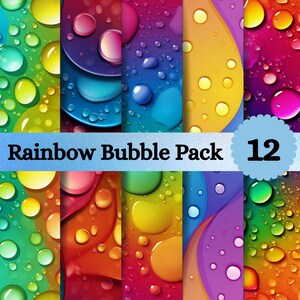 Peut inclure: Un ensemble graphique numérique intitulé Rainbow Bubble Pack 12 composé de douze panneaux verticaux aux dégradés arc-en-ciel vibrants et des gouttes d'eau réalistes de tailles variées dispersées sur des surfaces colorées, lisses et brillantes.