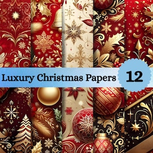 May include: A collection of 12 luxury Christmas papers featuring intricate gold and red patterns, including snowflakes, bells, ornaments, and stylized foliage. The set displays various festive designs with metallic gold accents on deep red and cream backgrounds.